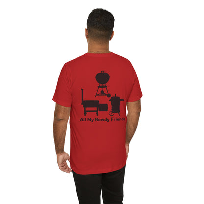Red All My Rowdy Friends BBQ t-shirt with vintage smoker artwork